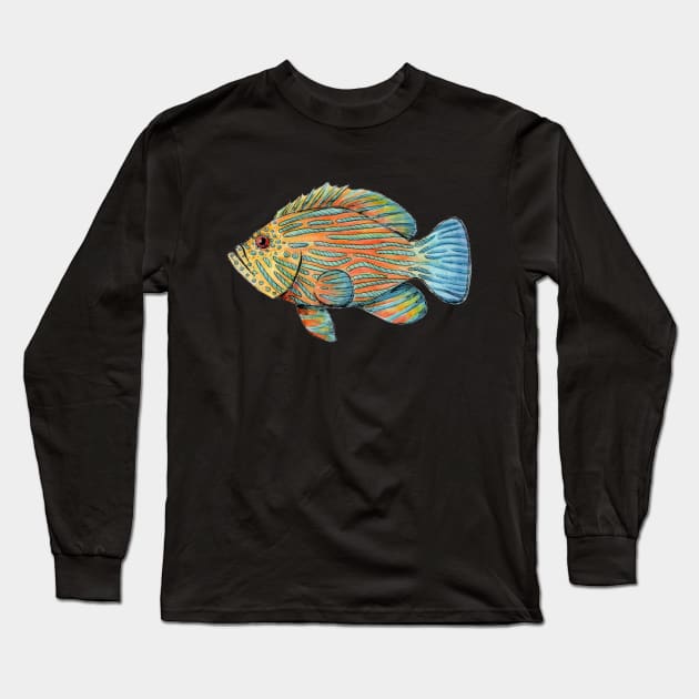 Blue Line Grouper in Watercolor Painting Long Sleeve T-Shirt by narwhalwall